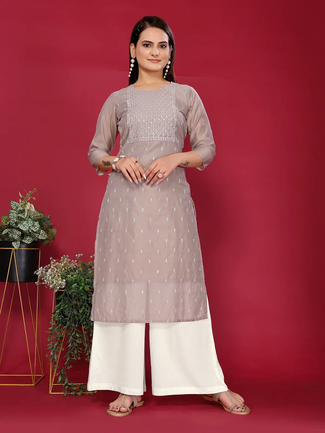 Buy Chanderi Embroidered Straight Calf Length Kurta-Beige