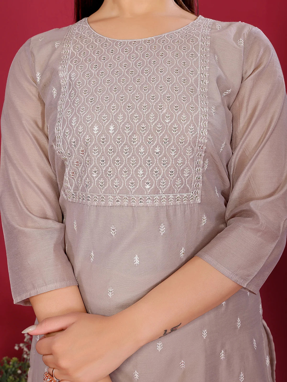 Buy Chanderi Embroidered Straight Calf Length Kurta-Beige