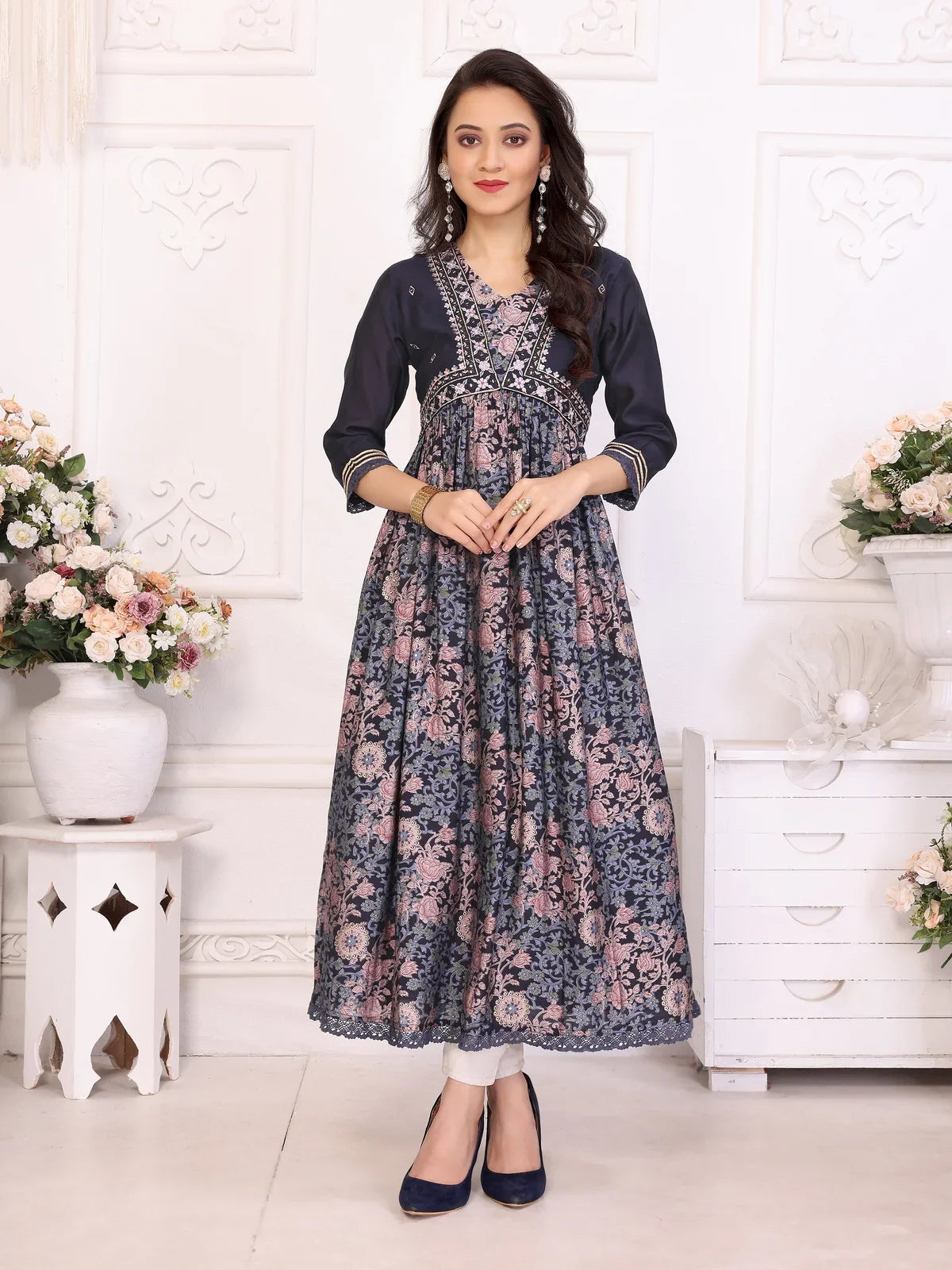 Buy Viscose Blend Embroidered Calf Length Anarkali Kurta-Blue