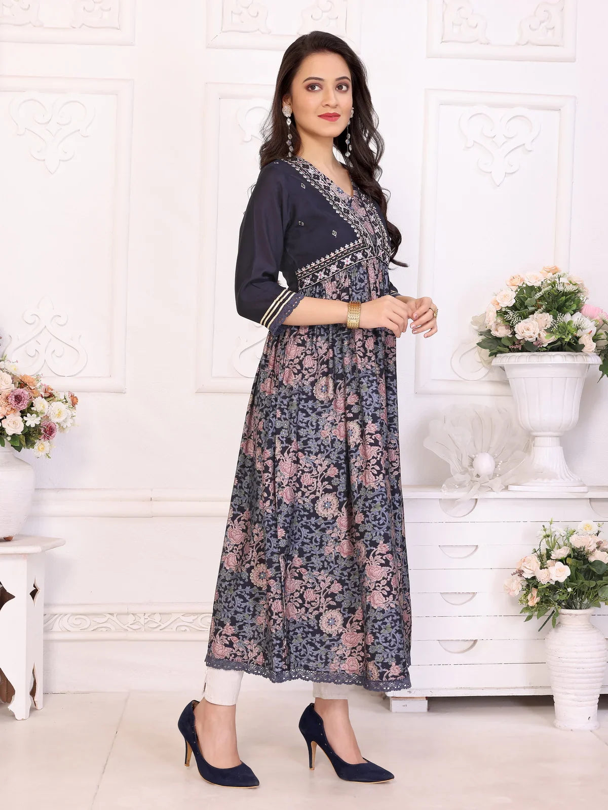 Buy Viscose Blend Embroidered Calf Length Anarkali Kurta-Blue