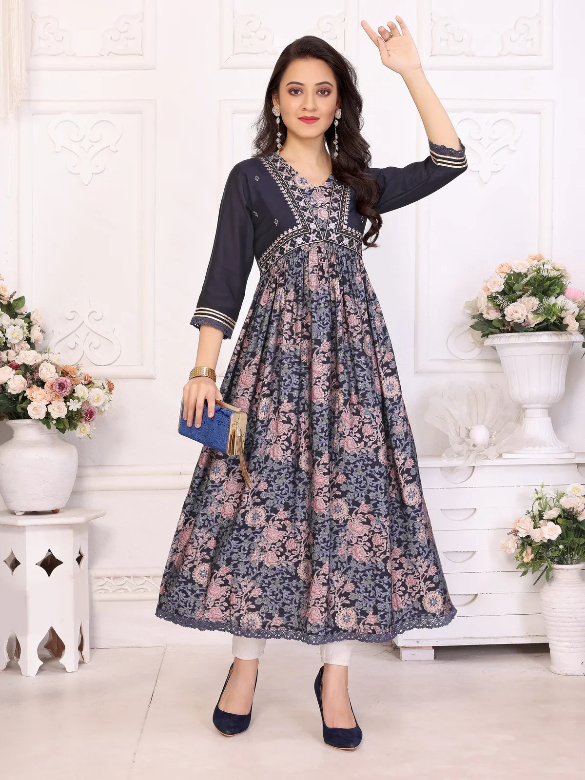 Buy Viscose Blend Embroidered Calf Length Anarkali Kurta-Blue