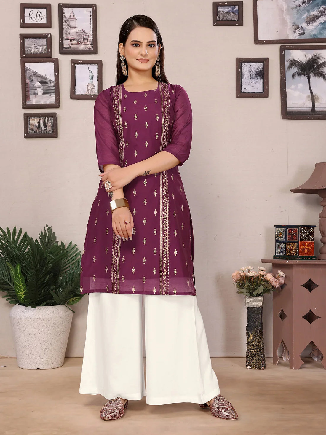 Buy Chanderi Embroidered Straight Knee Length Kurta-Maroon