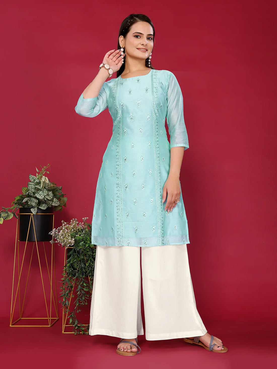 Buy Chanderi Embroidered Straight Knee Length Kurta-Sea Green