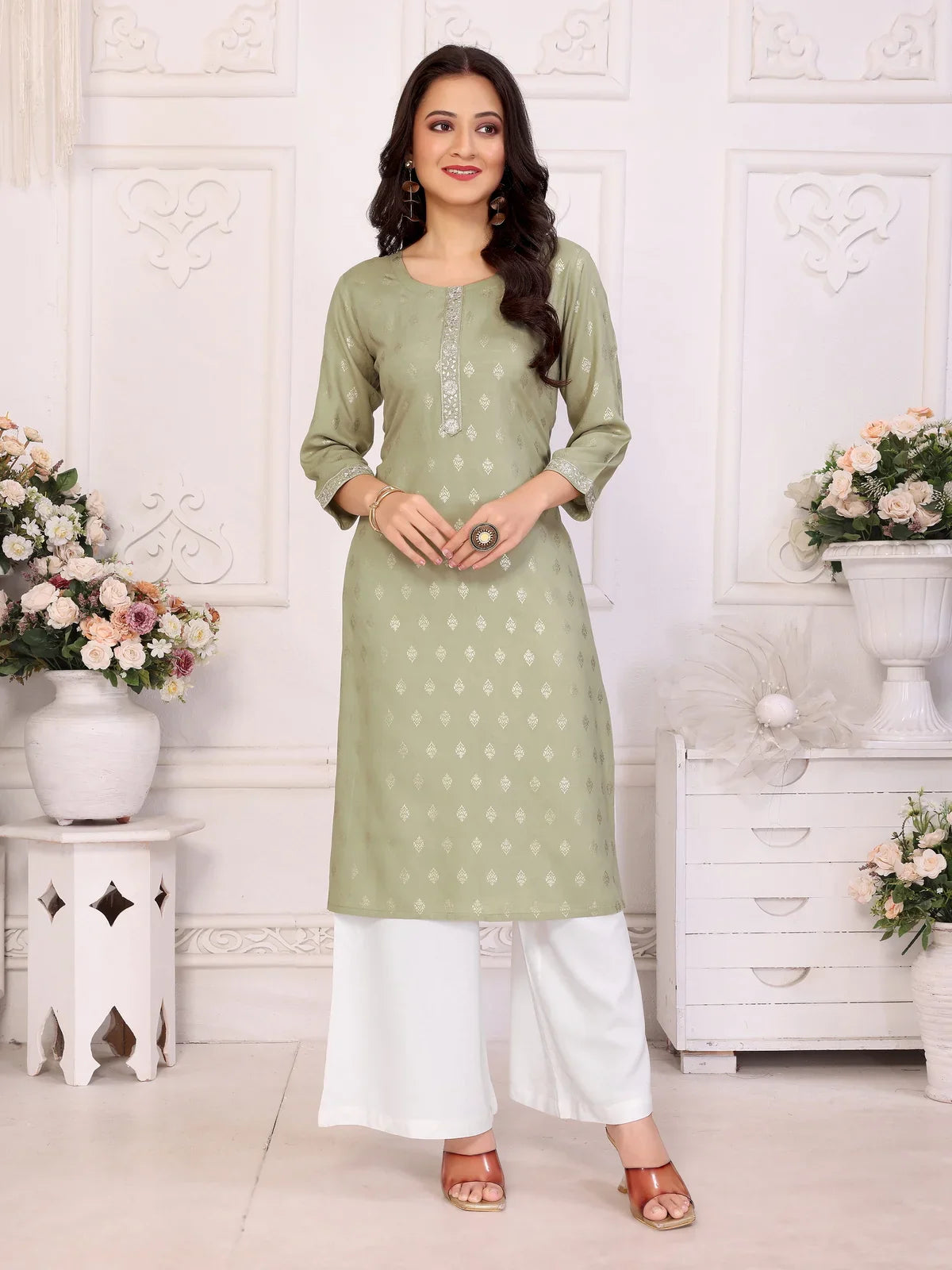 Buy Rayon Embroidered Calf Length Straight Kurta-Light Green