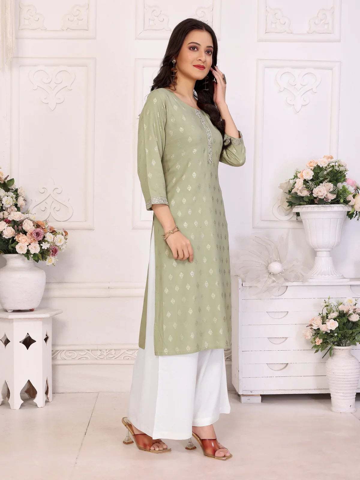 Buy Rayon Embroidered Calf Length Straight Kurta-Light Green