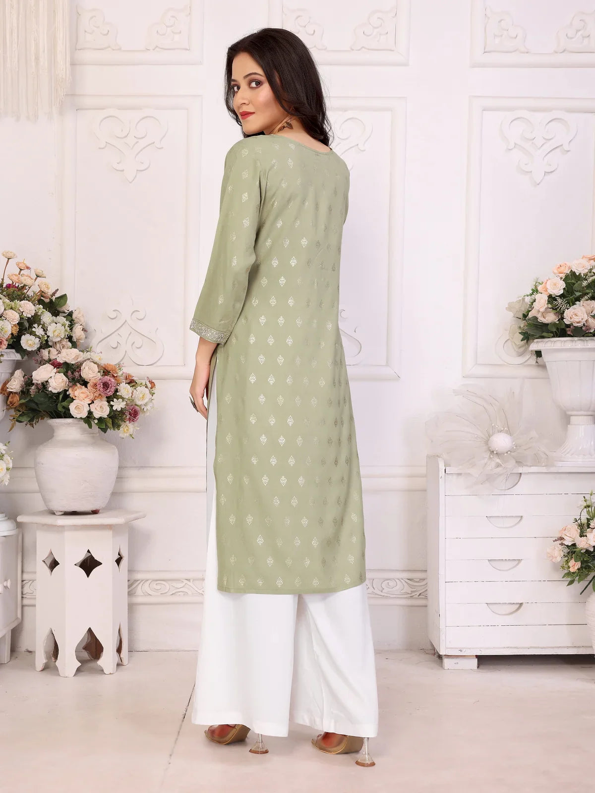 Buy Rayon Embroidered Calf Length Straight Kurta-Light Green