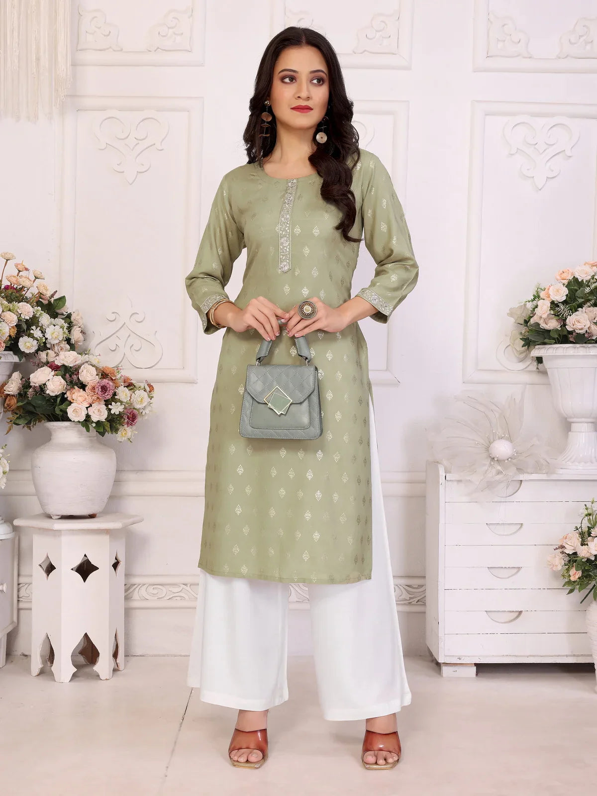 Buy Rayon Embroidered Calf Length Straight Kurta-Light Green