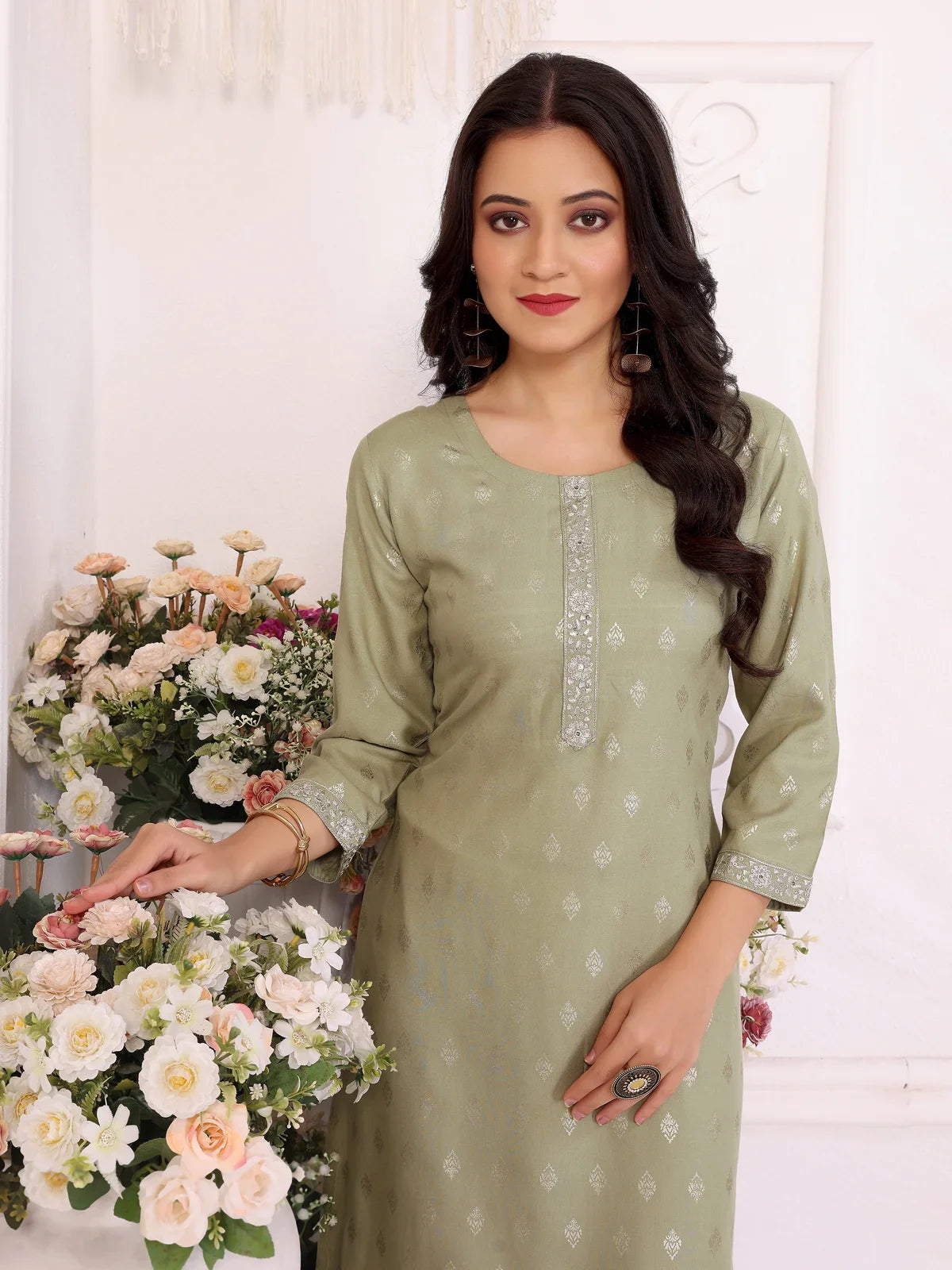 Buy Rayon Embroidered Calf Length Straight Kurta-Light Green