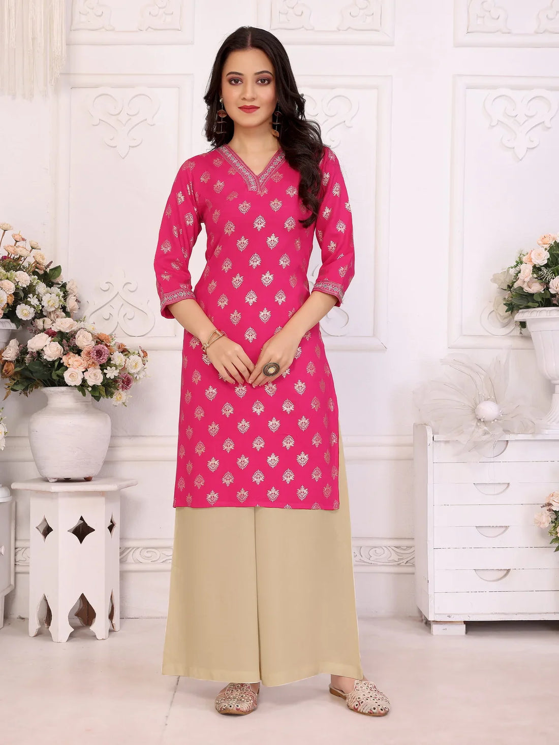 Buy Rayon Embroidered Knee Length Straight Kurta-Fuchsia