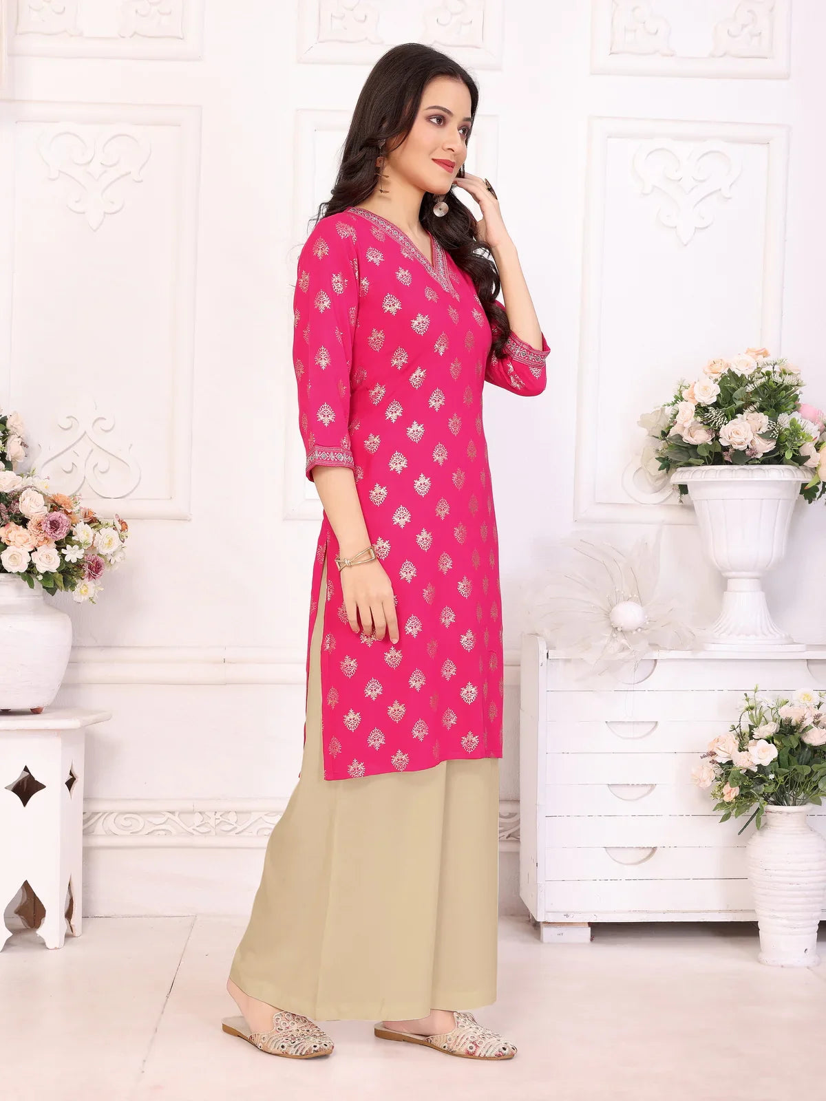 Buy Rayon Embroidered Knee Length Straight Kurta-Fuchsia