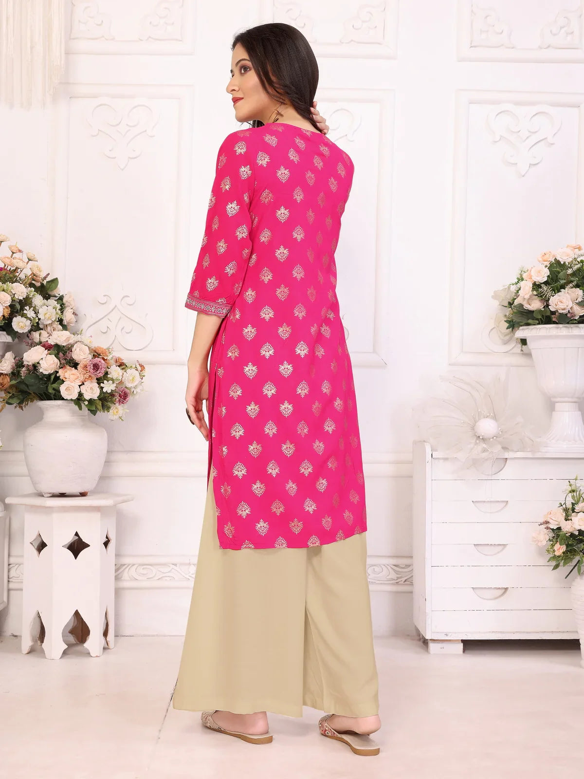 Buy Rayon Embroidered Knee Length Straight Kurta-Fuchsia