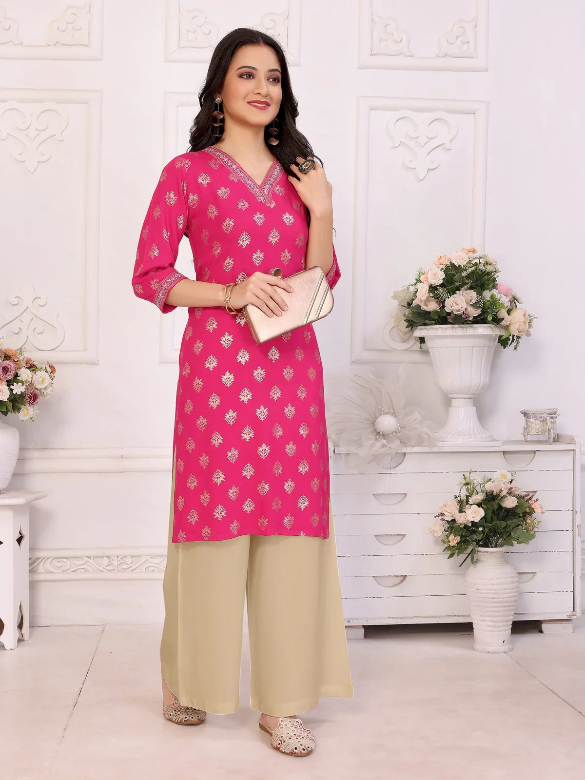 Buy Rayon Embroidered Knee Length Straight Kurta-Fuchsia