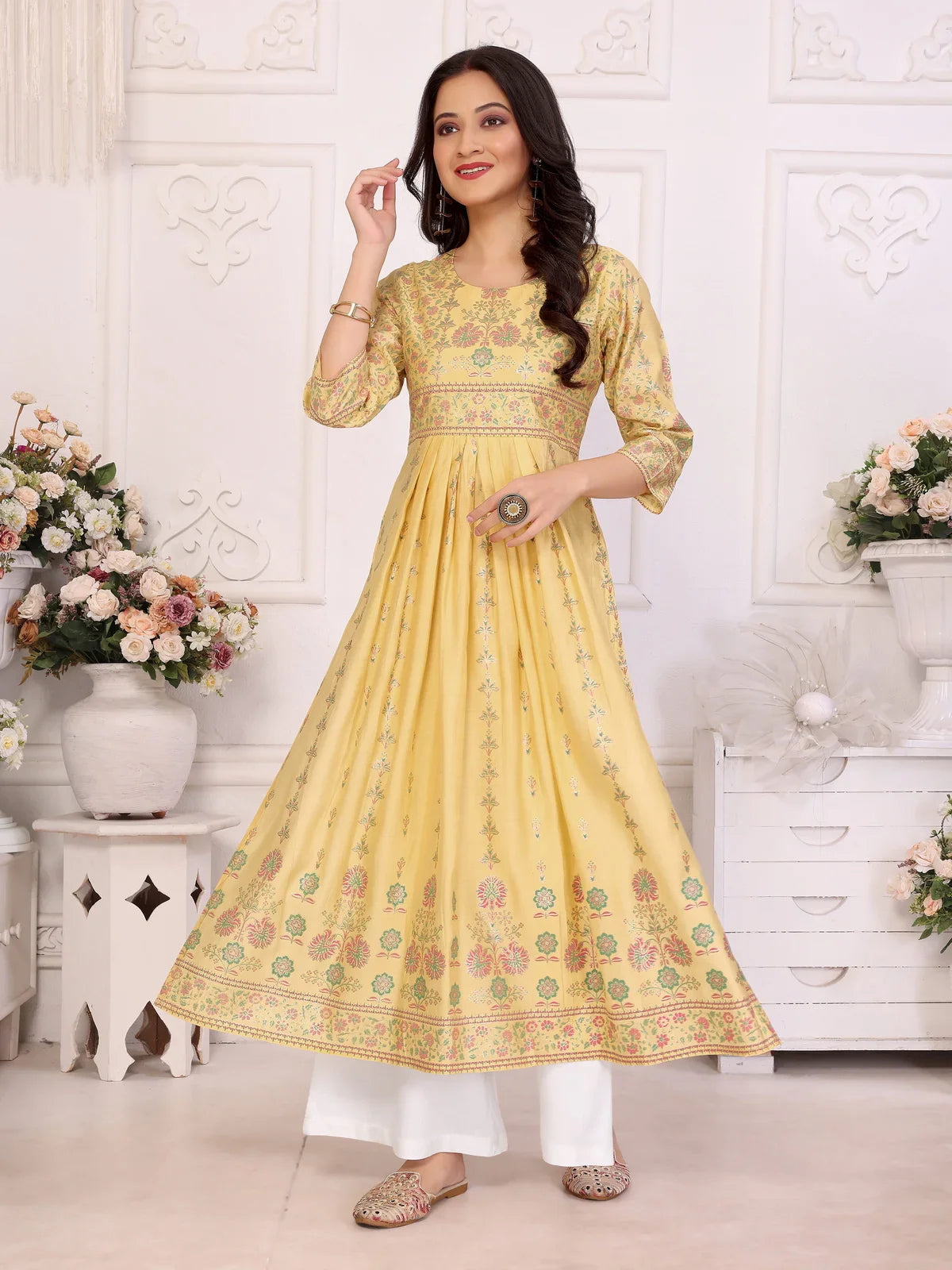 Buy Viscose Blend Printed Calf Length Nayra Style Kurta-Yellow