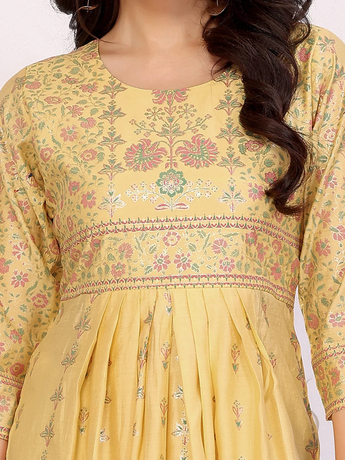 Buy Viscose Blend Printed Calf Length Nayra Style Kurta-Yellow