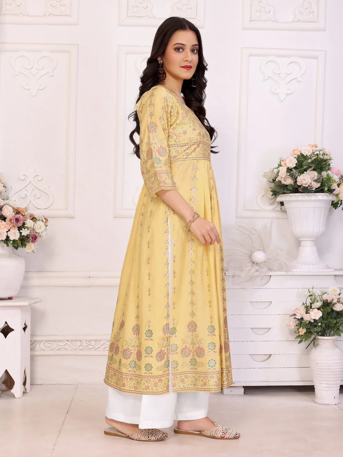 Buy Viscose Blend Printed Calf Length Nayra Style Kurta-Yellow