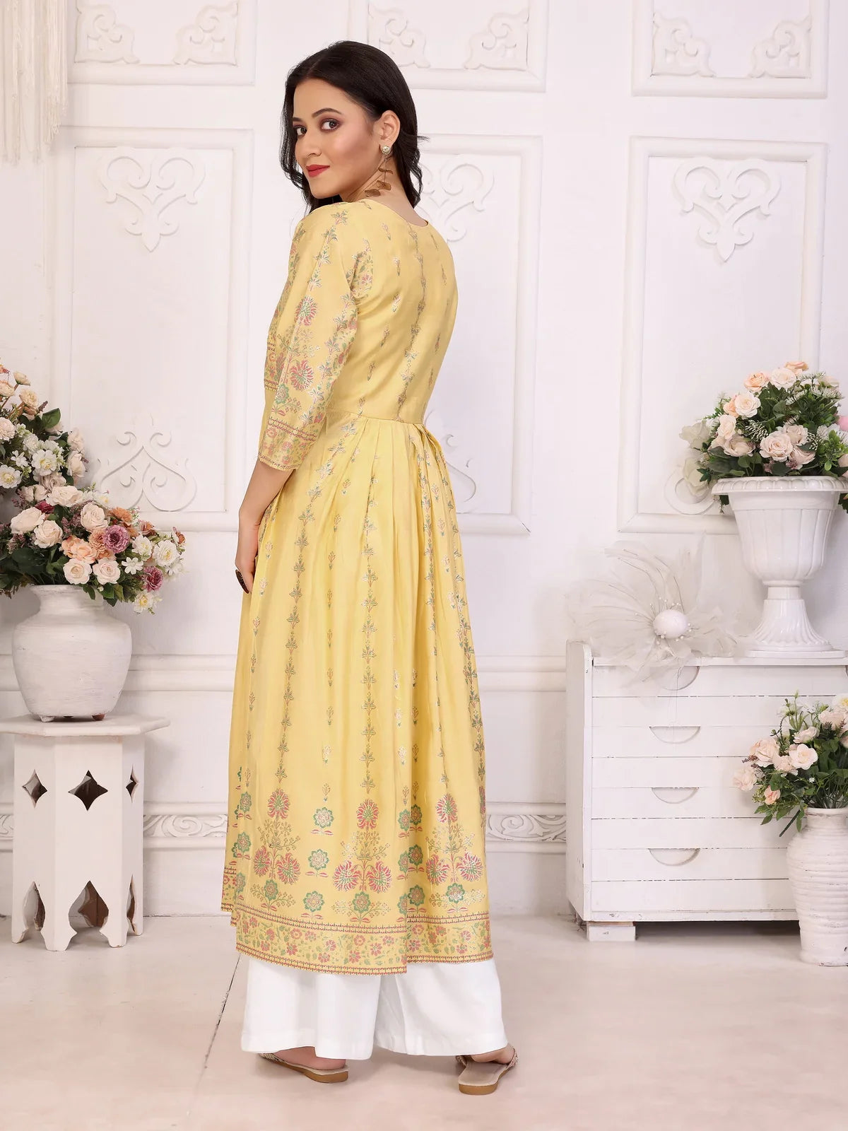 Buy Viscose Blend Printed Calf Length Nayra Style Kurta-Yellow