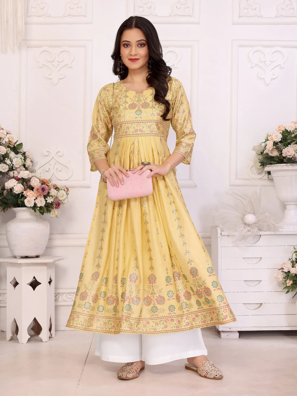 Buy Viscose Blend Printed Calf Length Nayra Style Kurta-Yellow