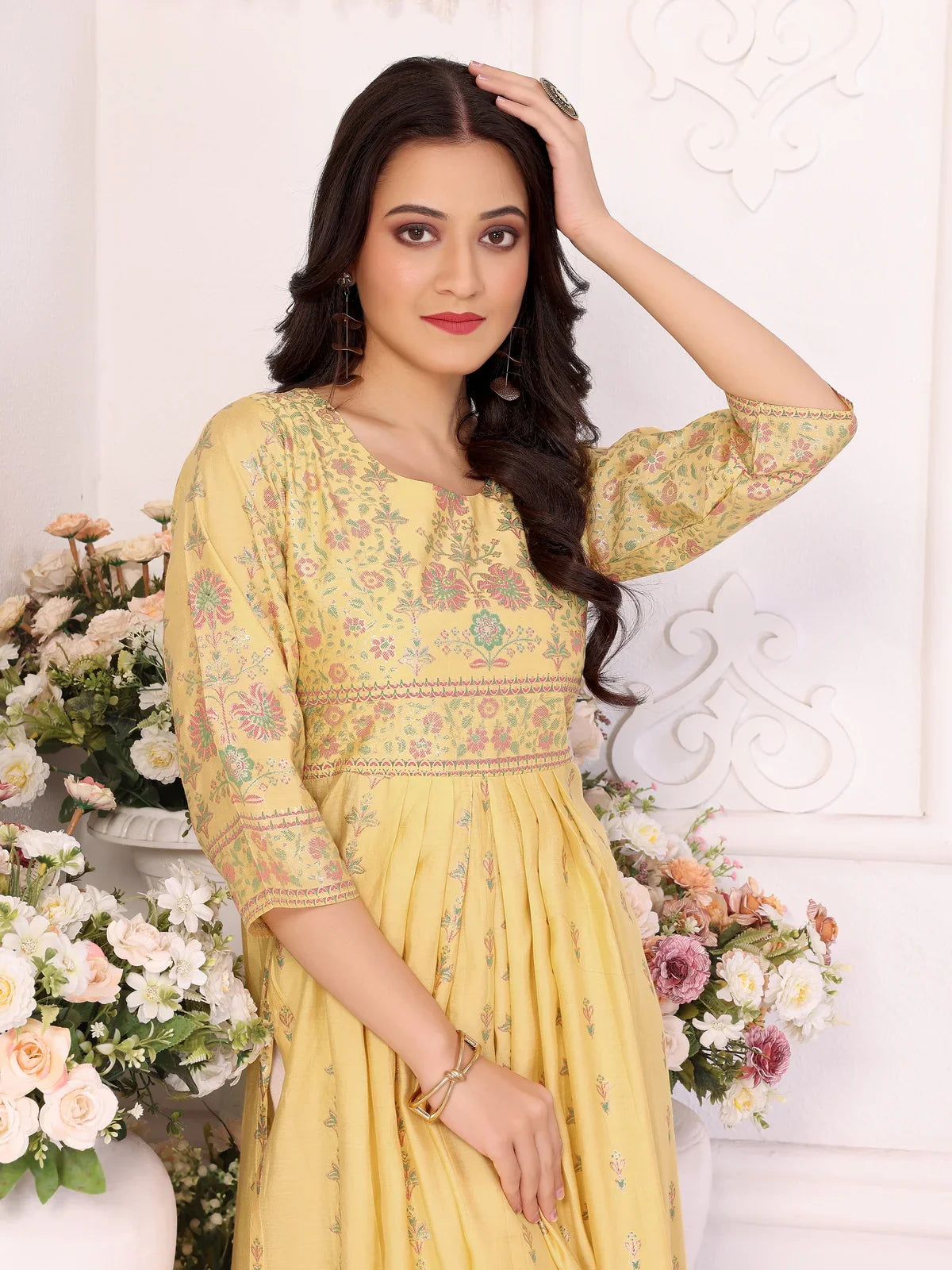 Buy Viscose Blend Printed Calf Length Nayra Style Kurta-Yellow