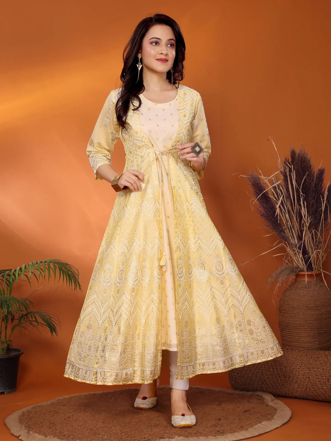 Buy Viscose Blend Printed Calf Length Anarkali Kurta with Jacket-Yellow