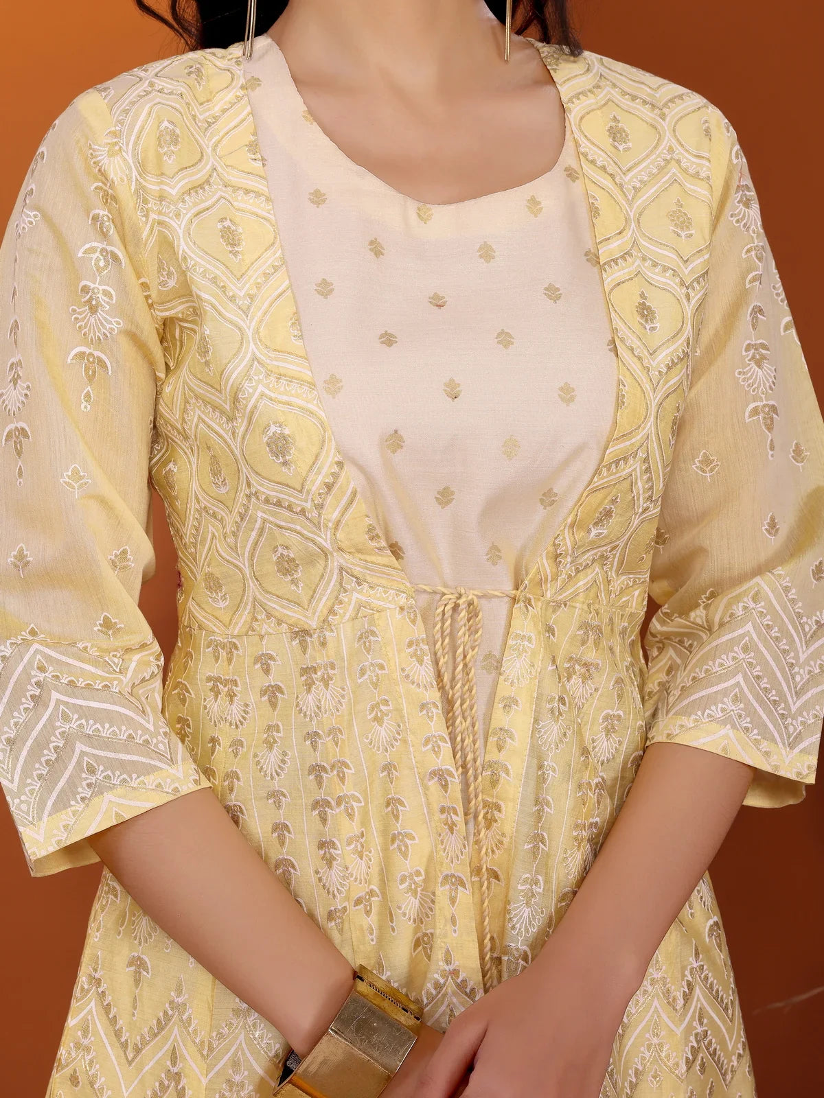 Buy Viscose Blend Printed Calf Length Anarkali Kurta with Jacket-Yellow