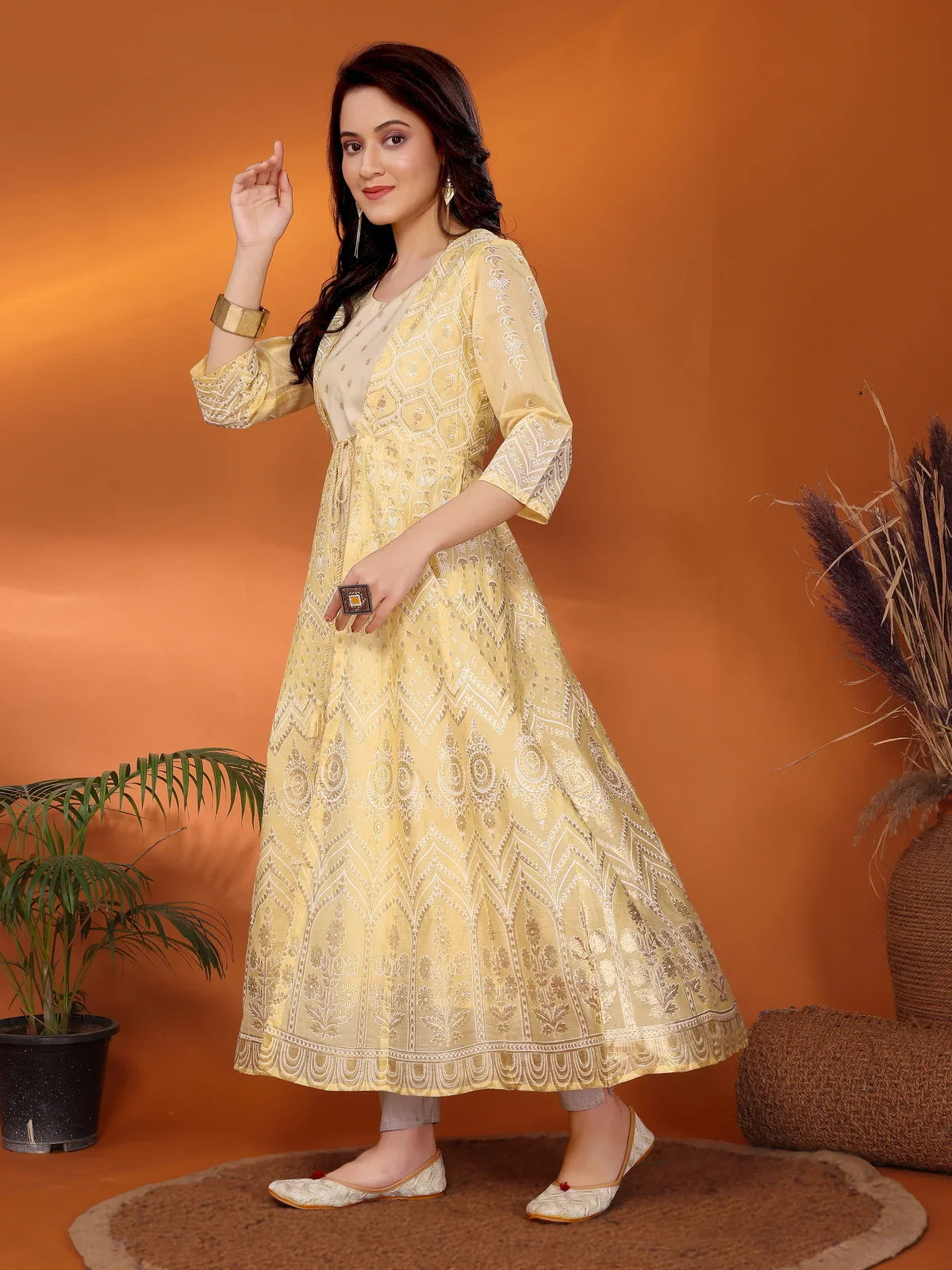 Buy Viscose Blend Printed Calf Length Anarkali Kurta with Jacket-Yellow