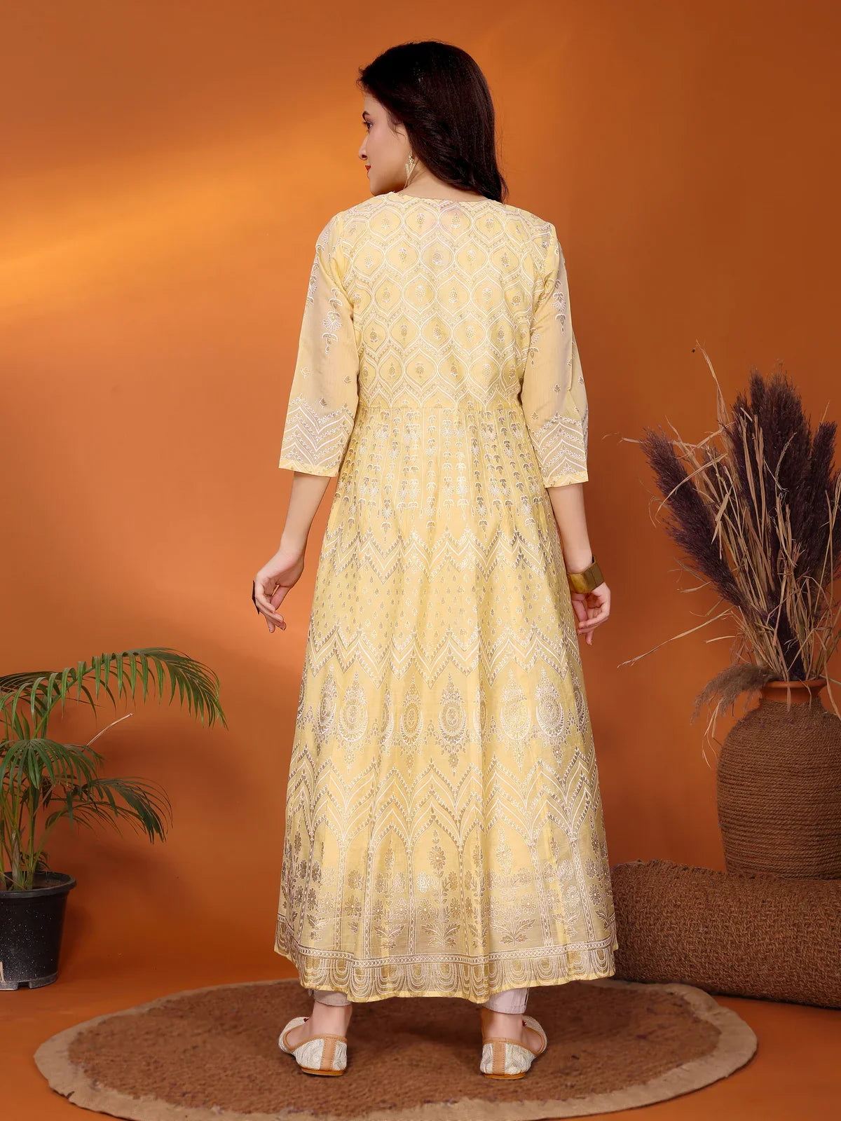 Buy Viscose Blend Printed Calf Length Anarkali Kurta with Jacket-Yellow