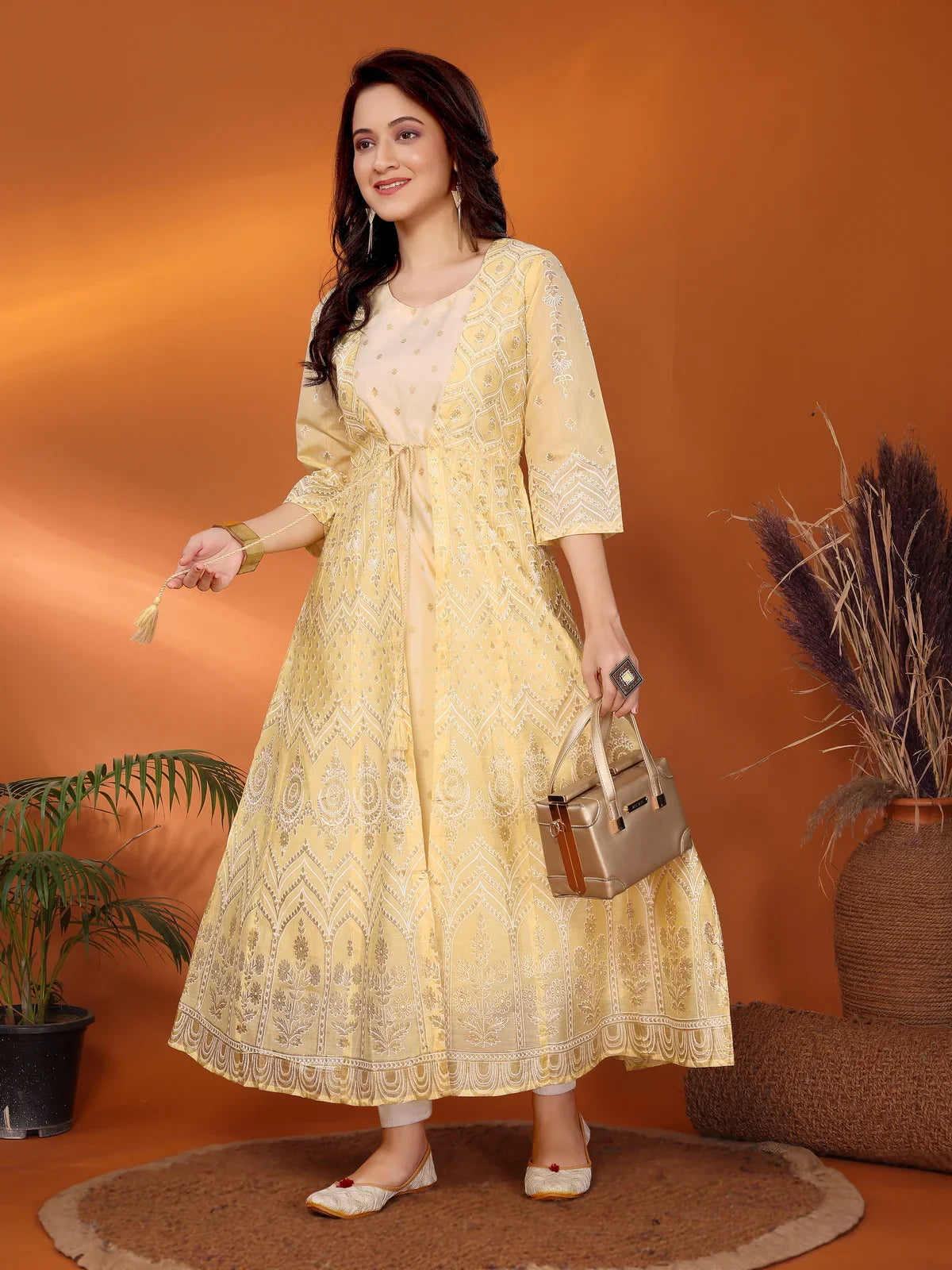 Buy Viscose Blend Printed Calf Length Anarkali Kurta with Jacket-Yellow