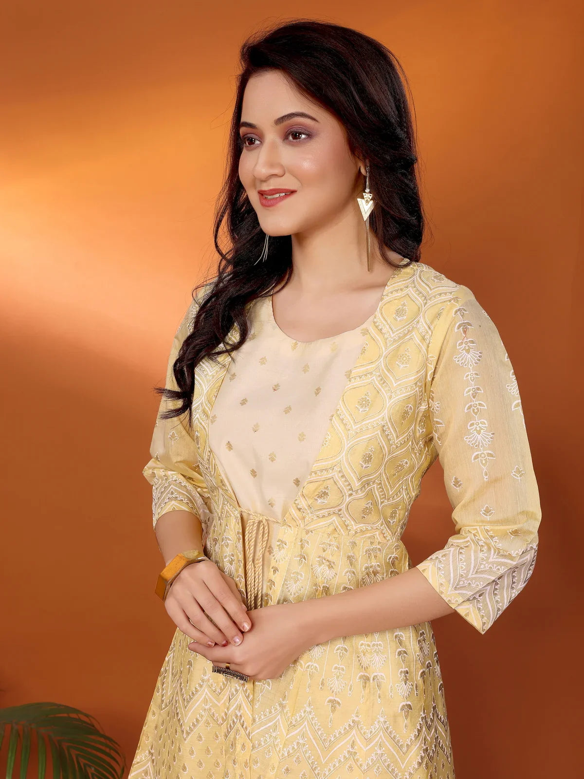 Buy Viscose Blend Printed Calf Length Anarkali Kurta with Jacket-Yellow