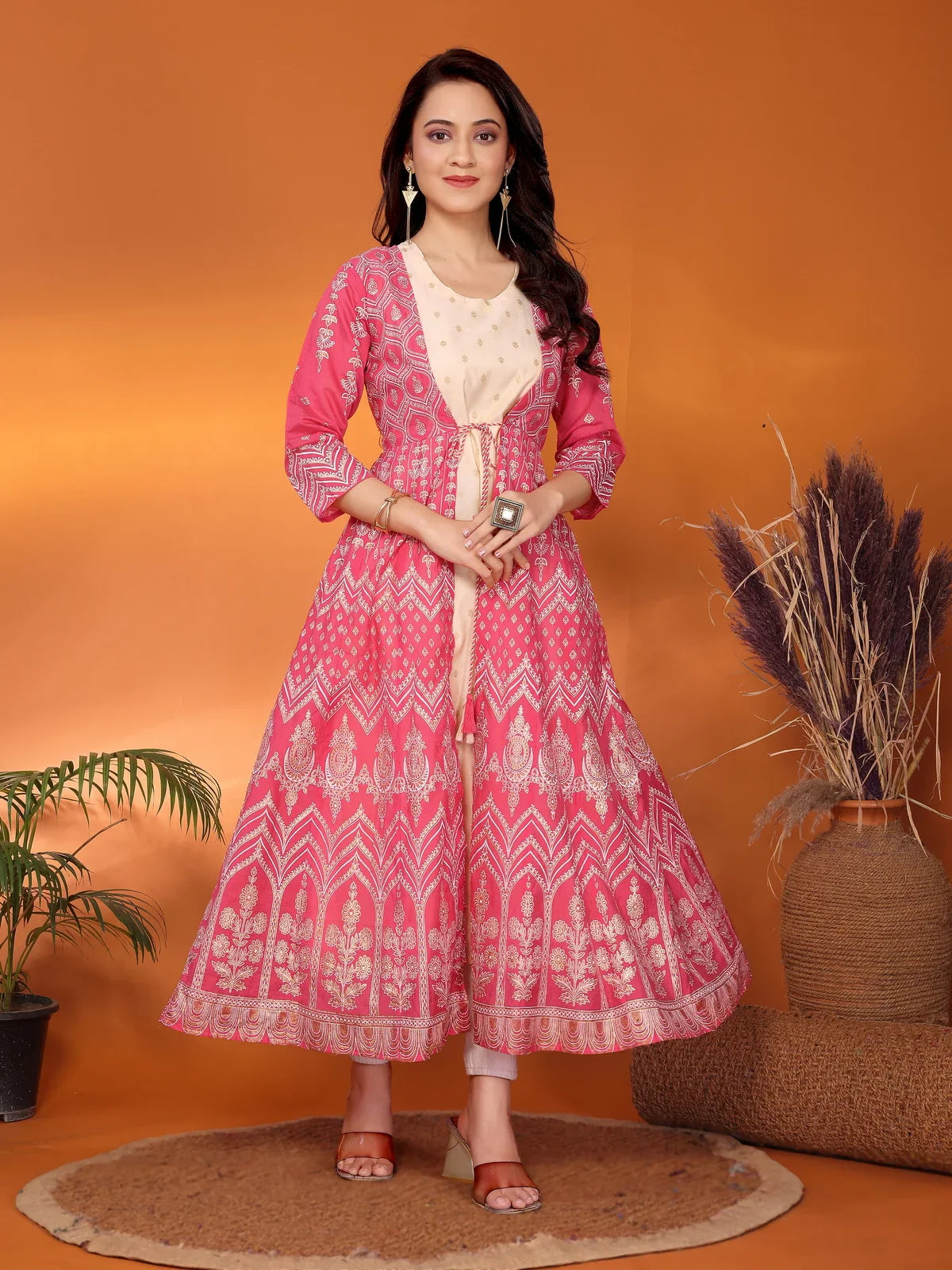 Buy Viscose Blend Printed Calf Length Anarkali Kurta with Jacket-Coral