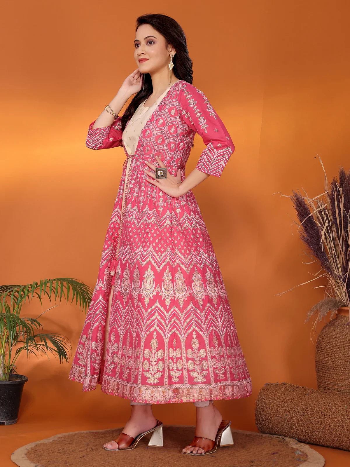 Buy Viscose Blend Printed Calf Length Anarkali Kurta with Jacket-Coral