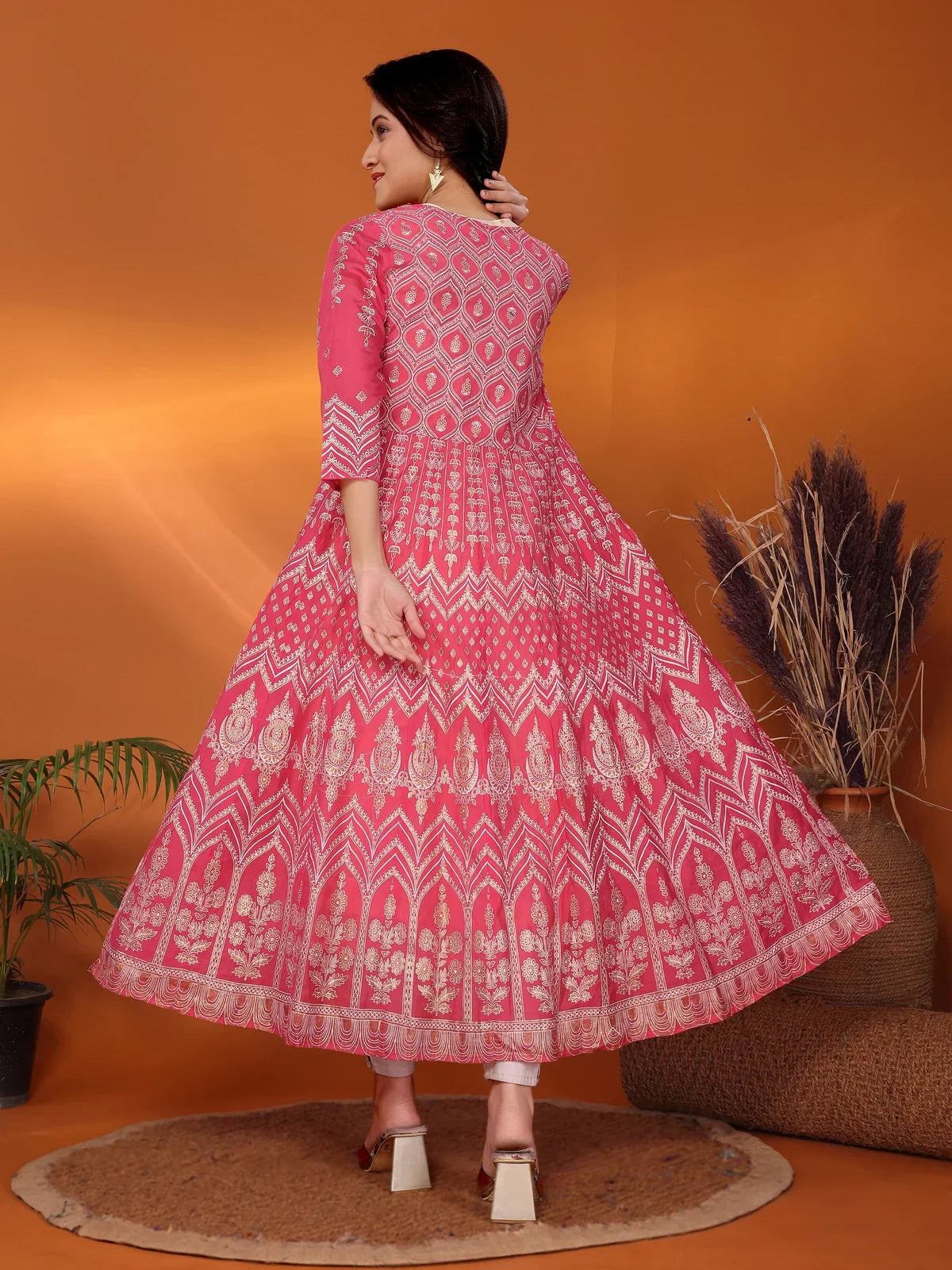 Buy Viscose Blend Printed Calf Length Anarkali Kurta with Jacket-Coral