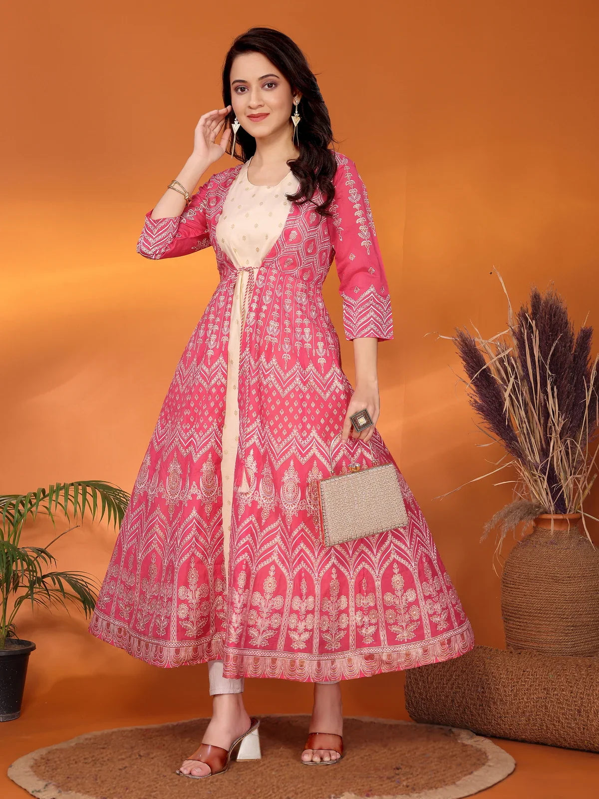 Buy Viscose Blend Printed Calf Length Anarkali Kurta with Jacket-Coral