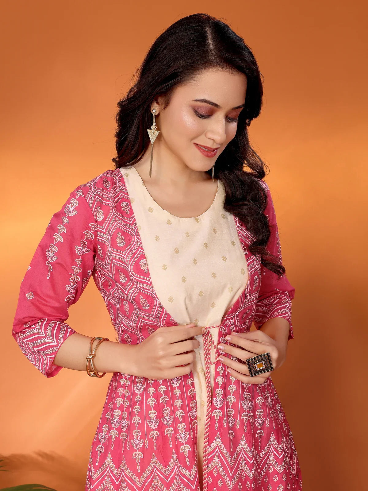 Buy Viscose Blend Printed Calf Length Anarkali Kurta with Jacket-Coral