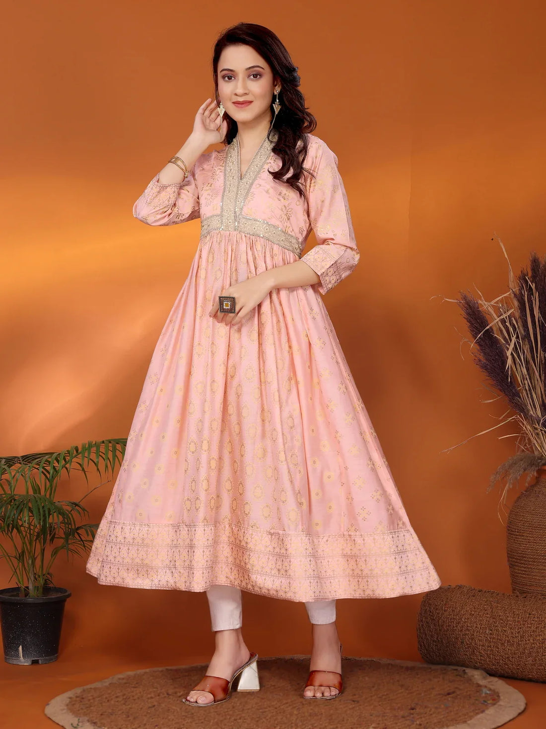 Buy Viscose Blend Embroidered Calf Length Anarkali Kurta-Peach