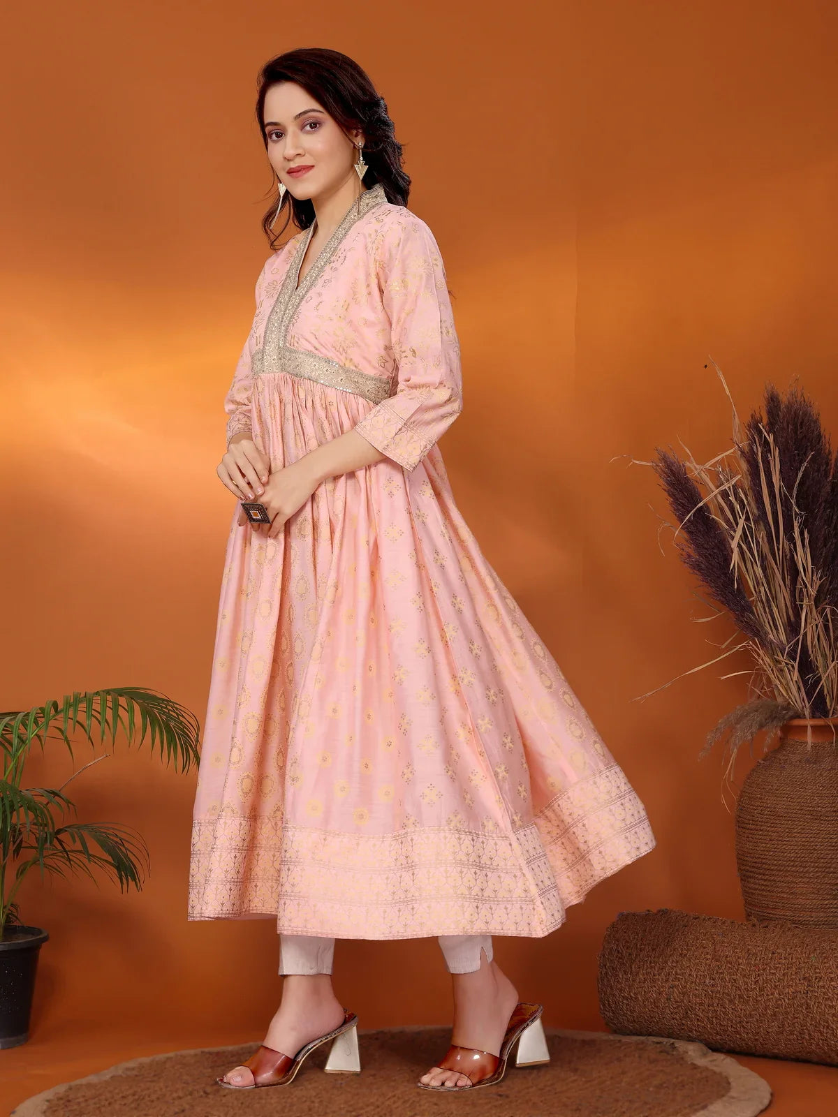 Buy Viscose Blend Embroidered Calf Length Anarkali Kurta-Peach