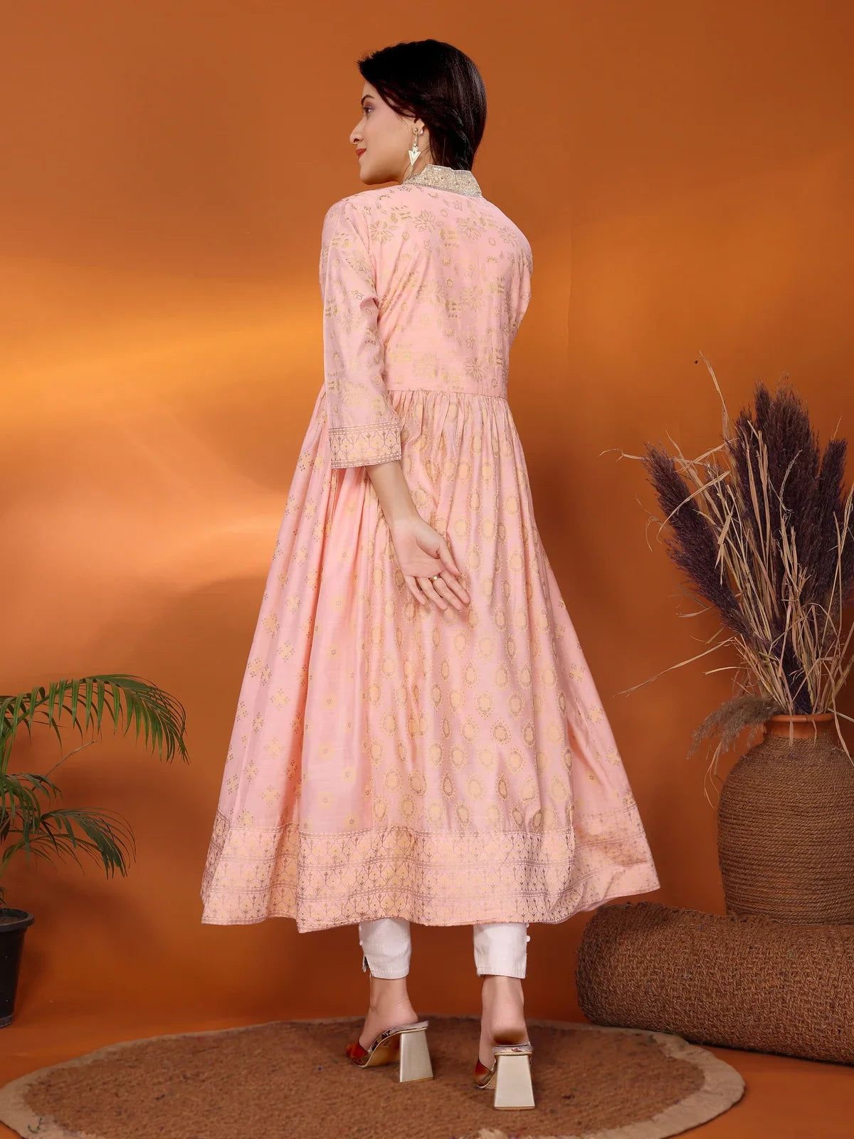 Buy Viscose Blend Embroidered Calf Length Anarkali Kurta-Peach