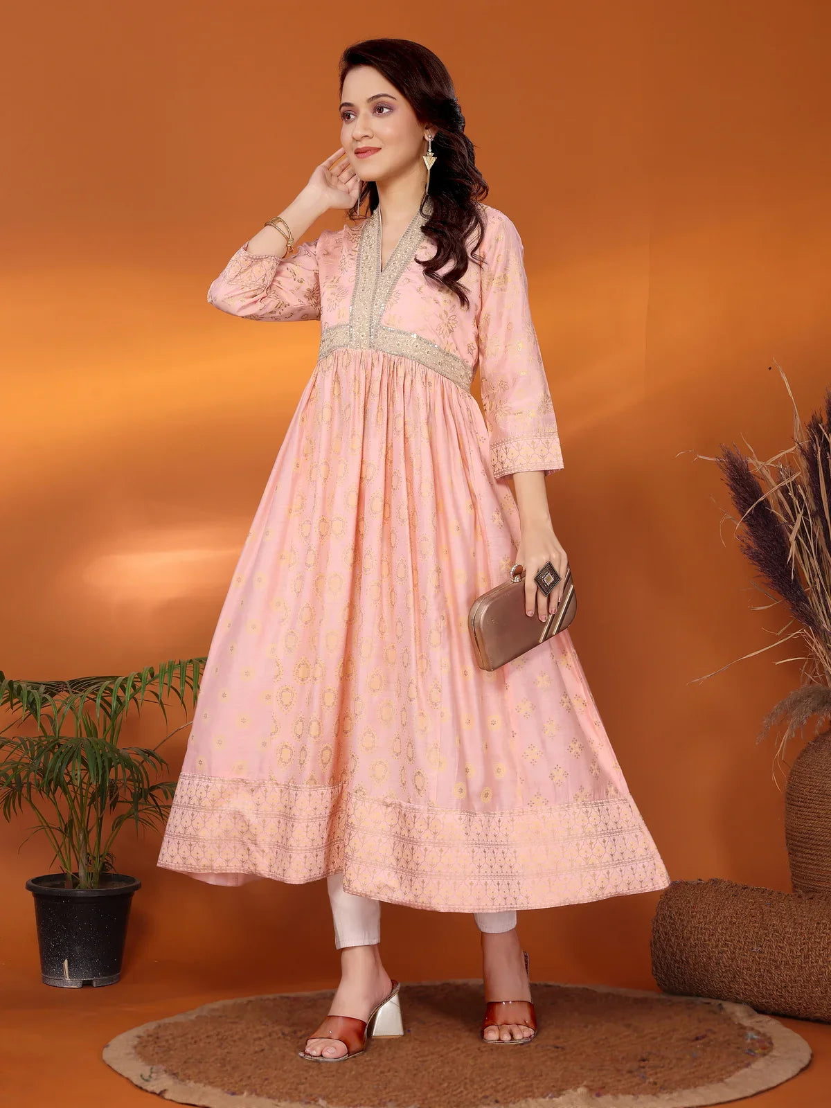 Buy Viscose Blend Embroidered Calf Length Anarkali Kurta-Peach