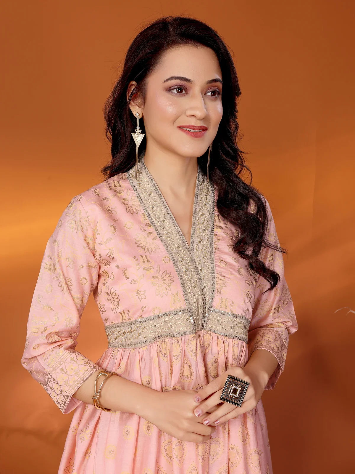 Buy Viscose Blend Embroidered Calf Length Anarkali Kurta-Peach