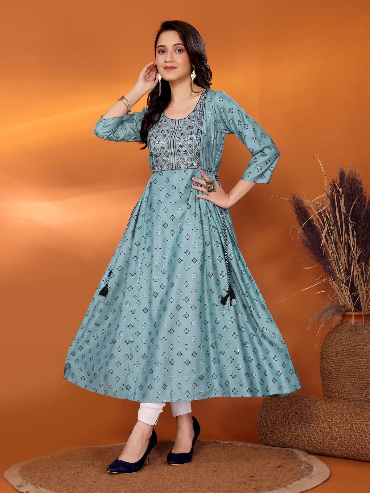 Buy Viscose Blend Embroidered Calf Length Flared Kurta-Blue