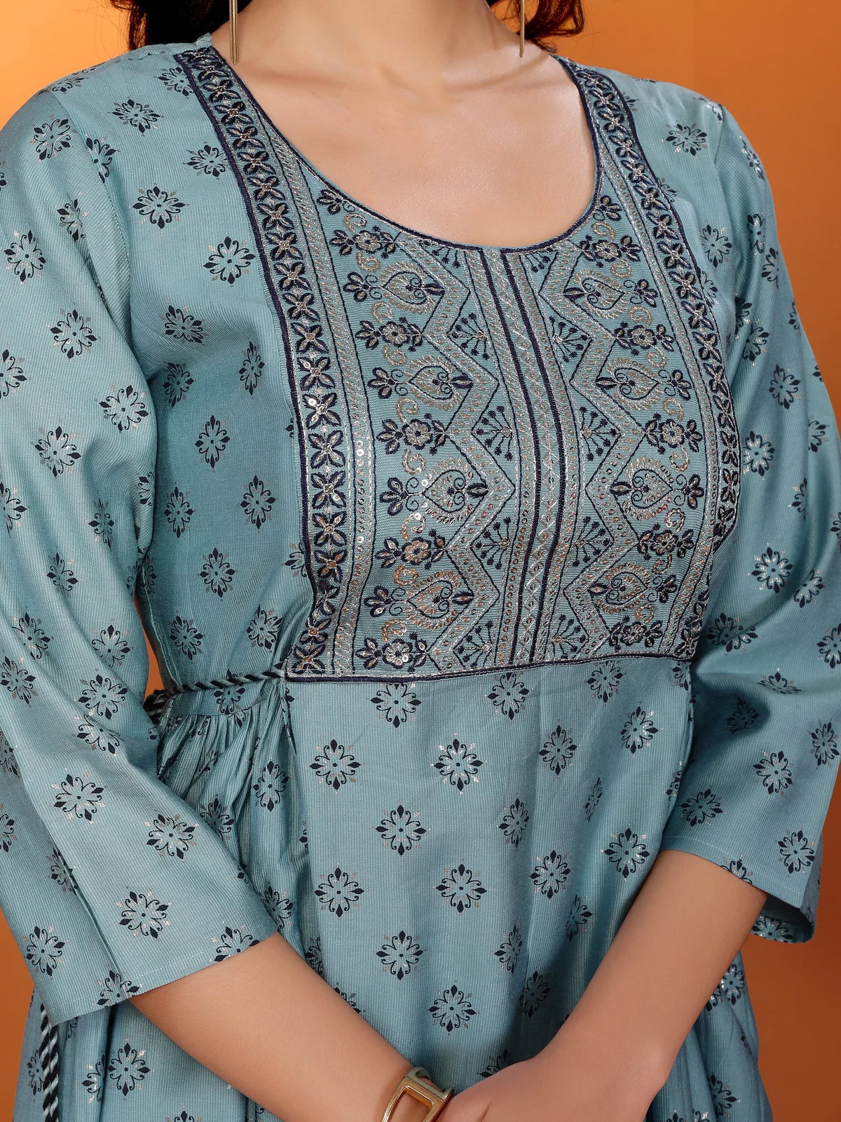 Buy Viscose Blend Embroidered Calf Length Flared Kurta-Blue