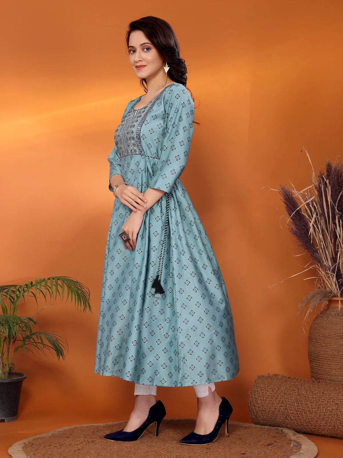 Buy Viscose Blend Embroidered Calf Length Flared Kurta-Blue