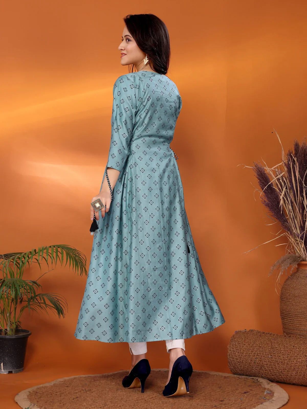 Buy Viscose Blend Embroidered Calf Length Flared Kurta-Blue