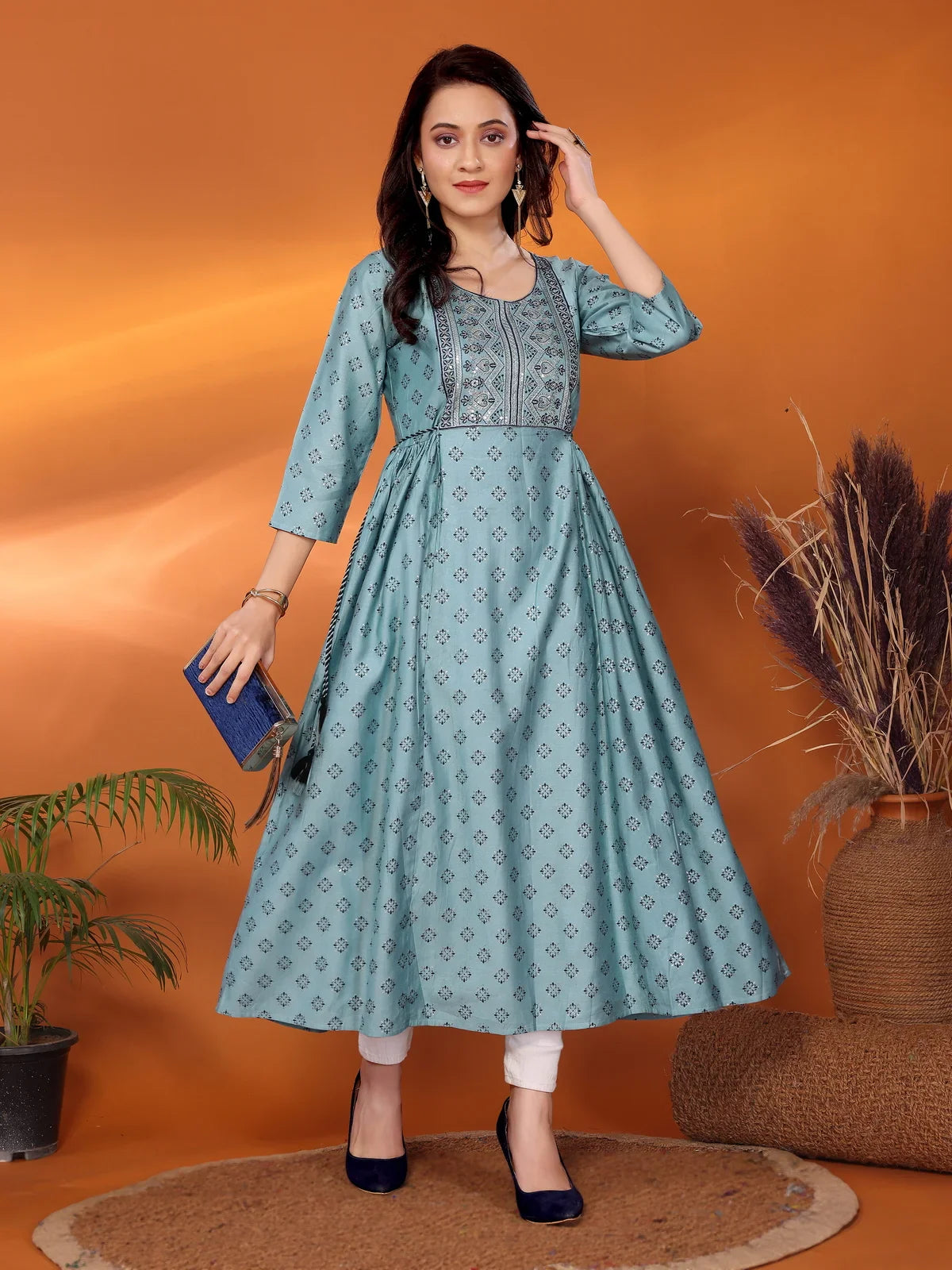 Buy Viscose Blend Embroidered Calf Length Flared Kurta-Blue