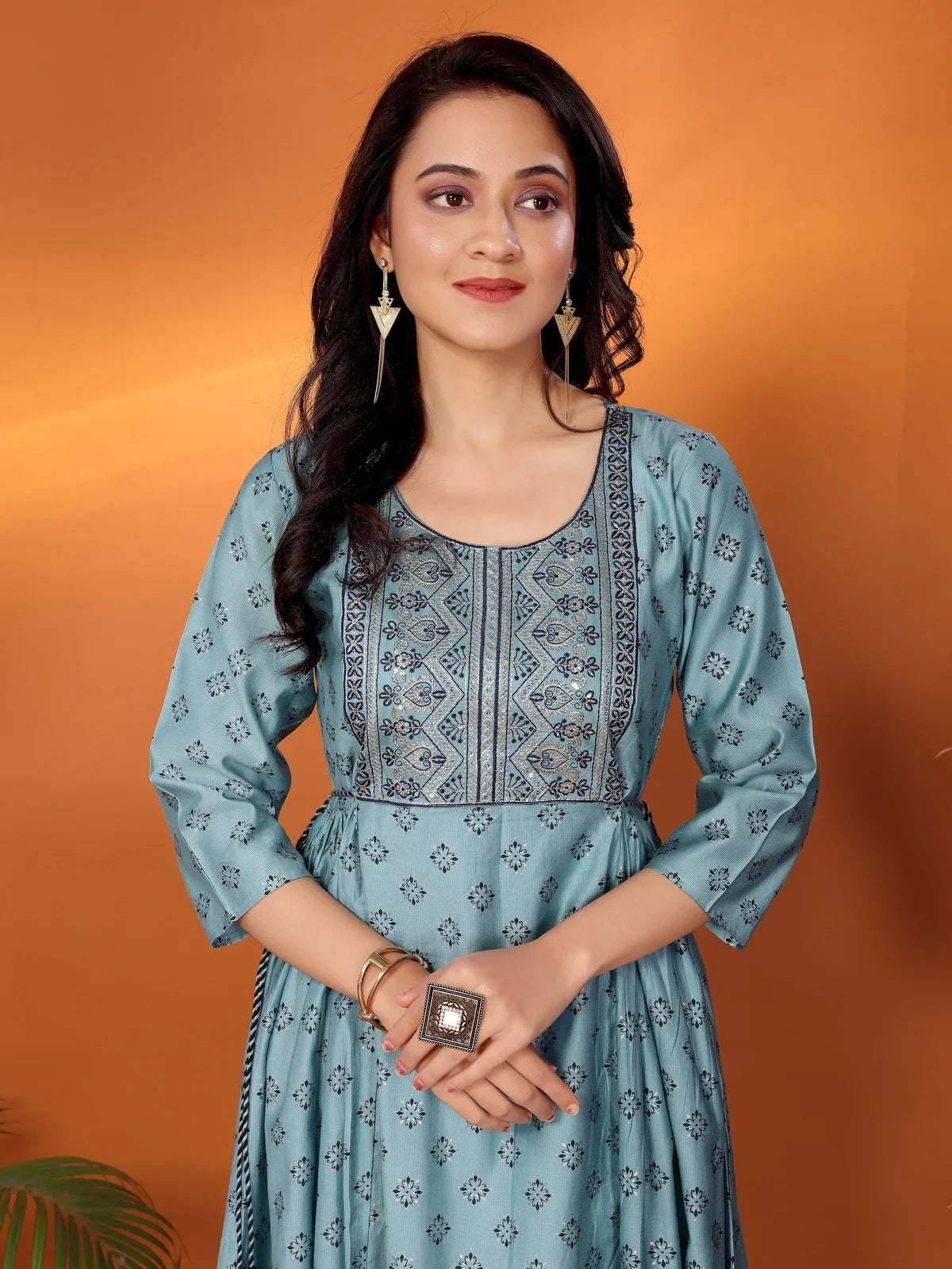 Buy Viscose Blend Embroidered Calf Length Flared Kurta-Blue