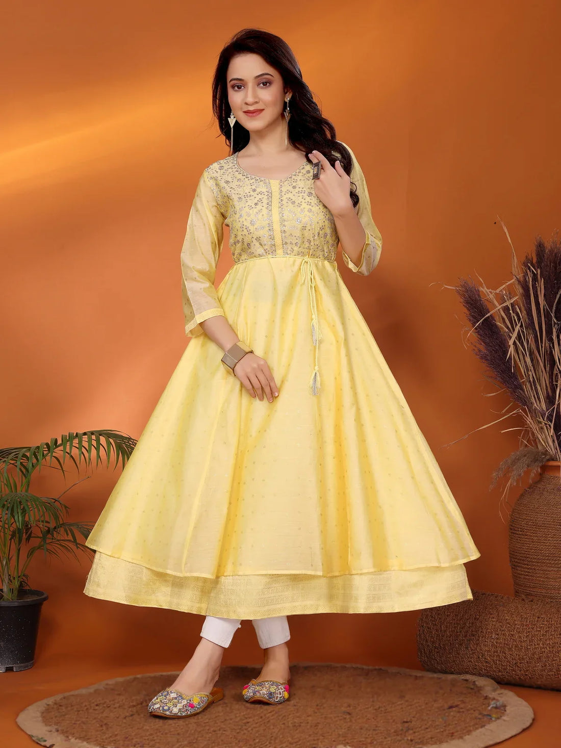 Buy Viscose Blend Embroidered Calf Length Anarkali Kurta-Yellow