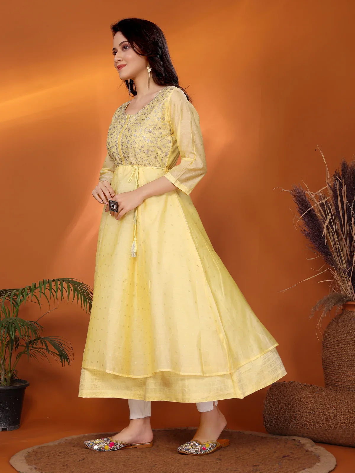 Buy Viscose Blend Embroidered Calf Length Anarkali Kurta-Yellow