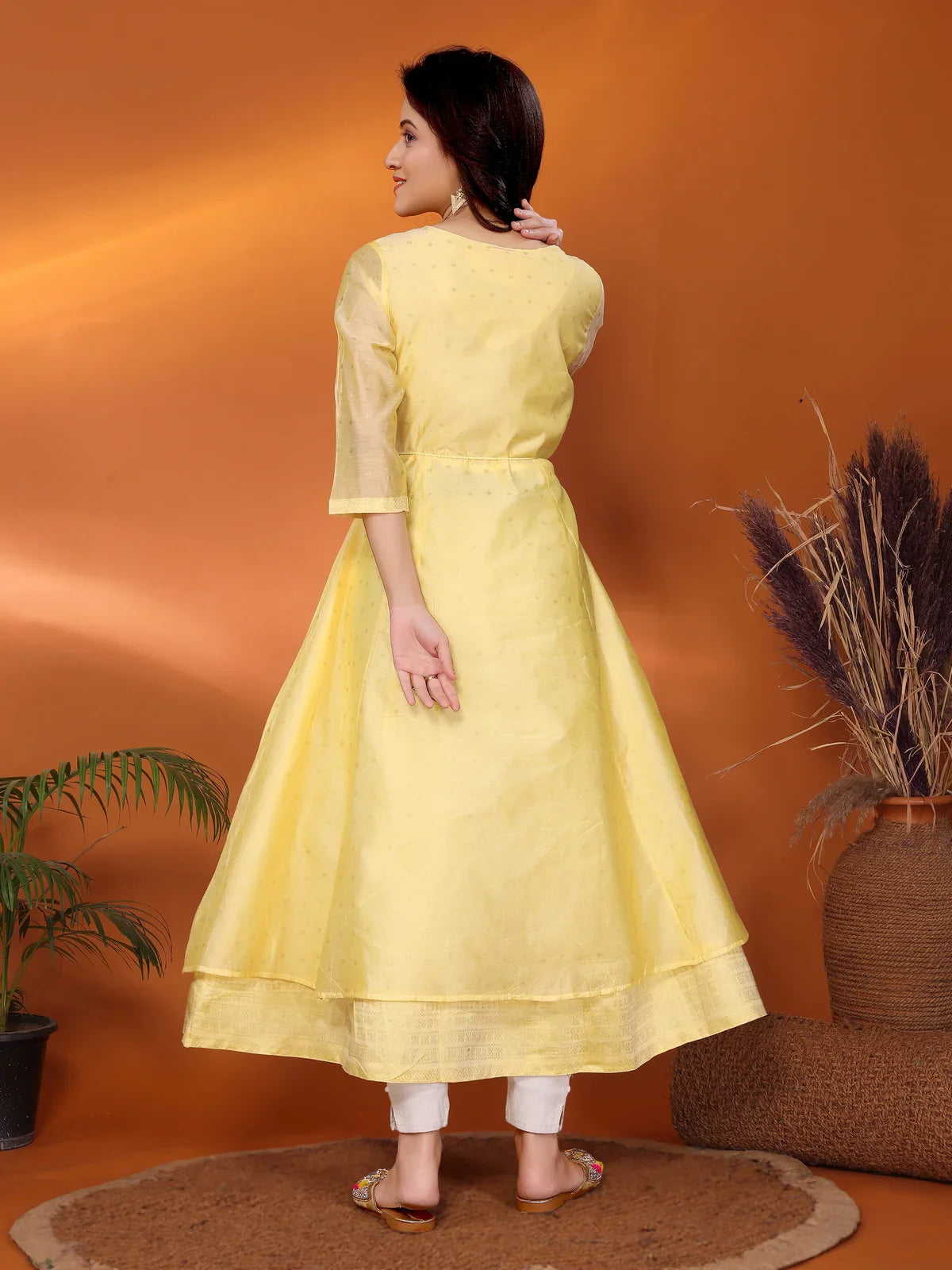 Buy Viscose Blend Embroidered Calf Length Anarkali Kurta-Yellow