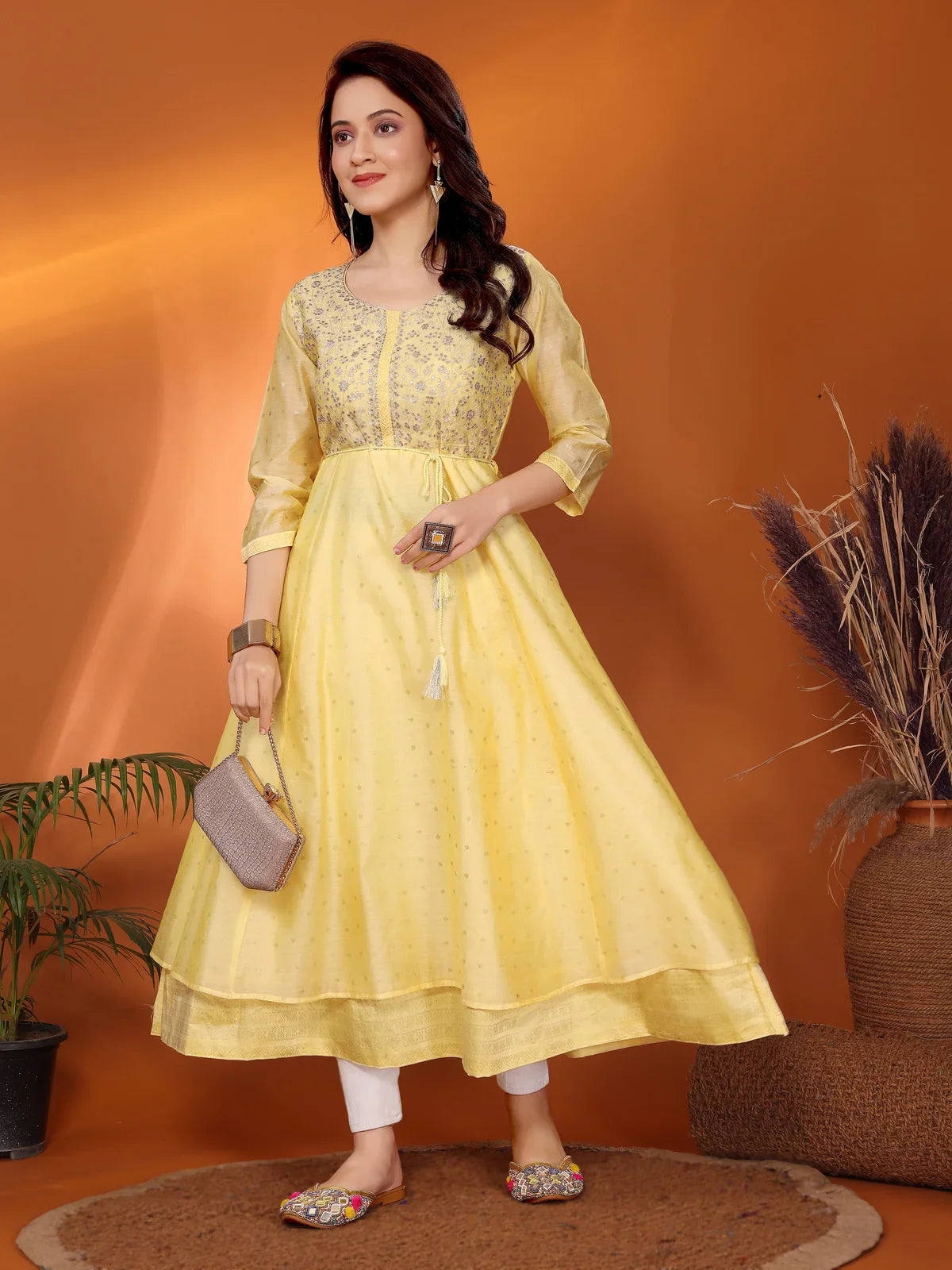 Buy Viscose Blend Embroidered Calf Length Anarkali Kurta-Yellow