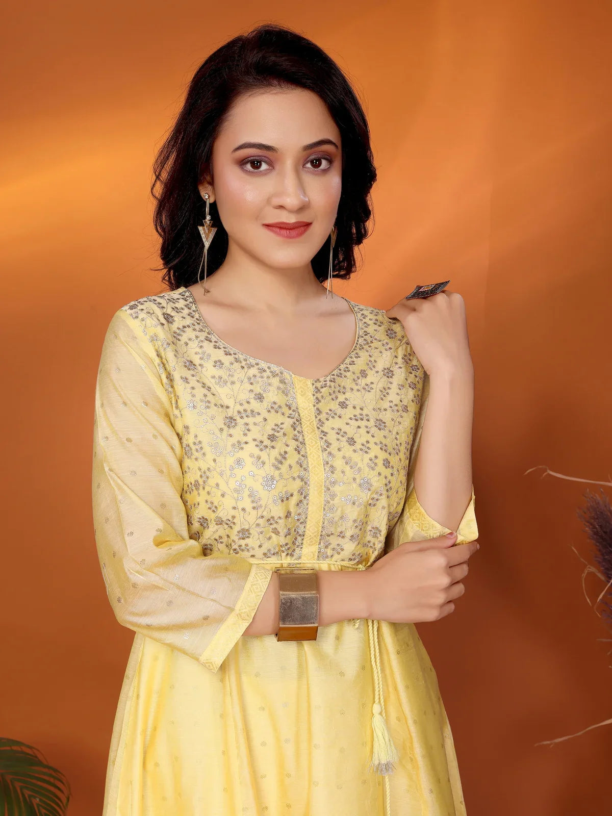 Buy Viscose Blend Embroidered Calf Length Anarkali Kurta-Yellow