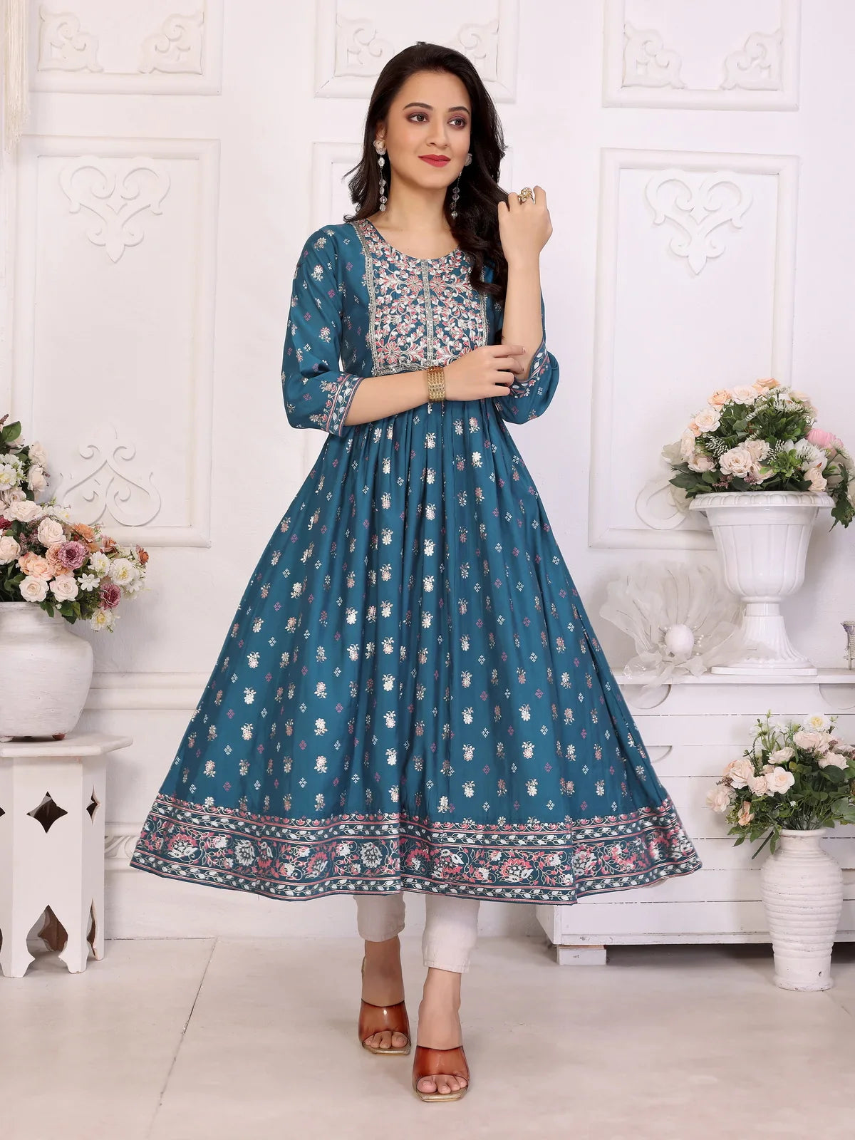 Buy Viscose Blend Embroidered Calf Length Anarkali Kurta-Teal